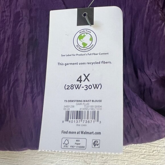 Terra & Sky Drawstring Waist Blouse Womens 4X Dark Plum Purple New Recycled Fibe - Picture 9 of 10